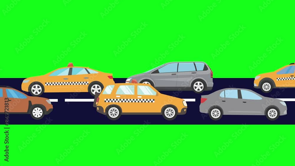 Cartoon animation of cars running on the way, green screen Cartoon animation of cars running on the way, green screen