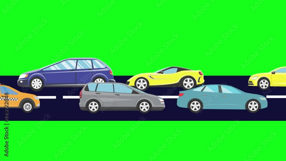 Cartoon animation of cars running on the way, green screen Cartoon animation of cars running on the way, green screen