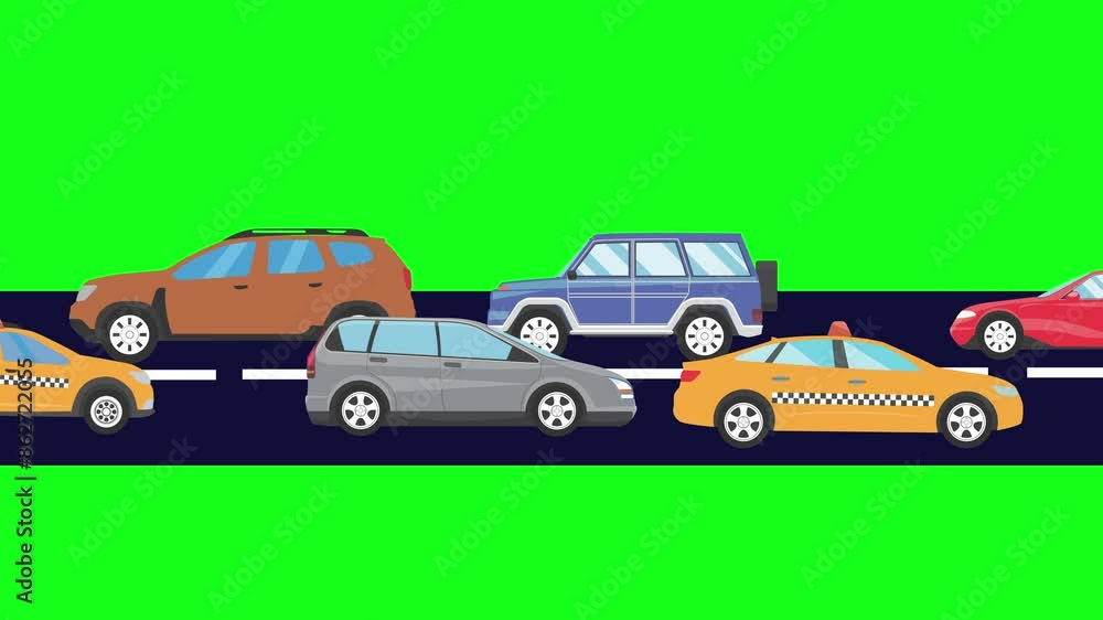 Cartoon animation of cars running on the way, green screen Cartoon animation of cars running on the way, green screen