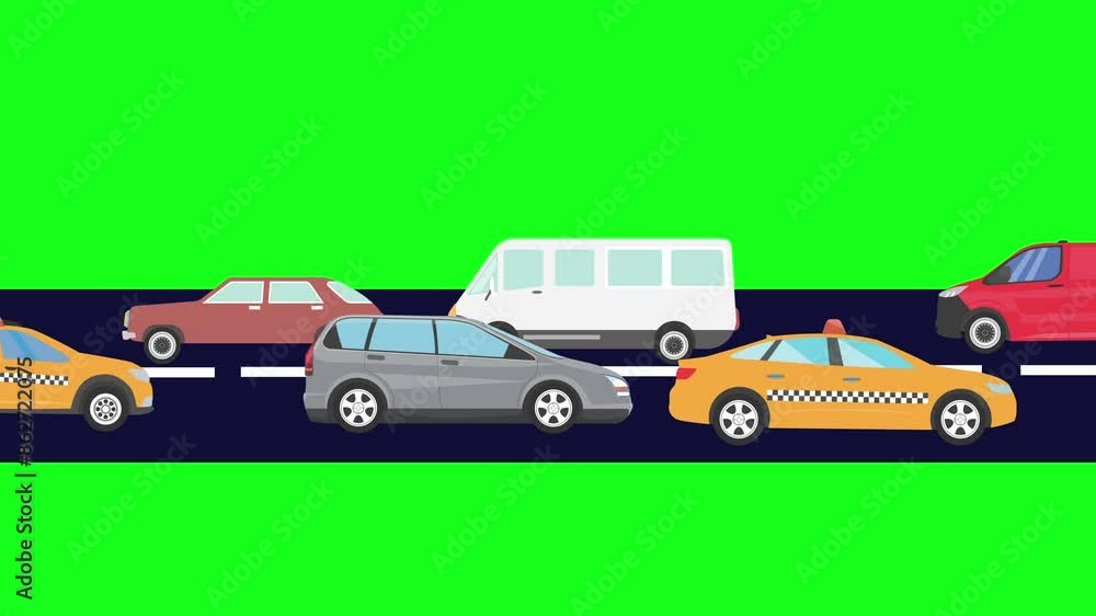 Cartoon animation of cars running on the way, green screen Cartoon animation of cars running on the way, green screen