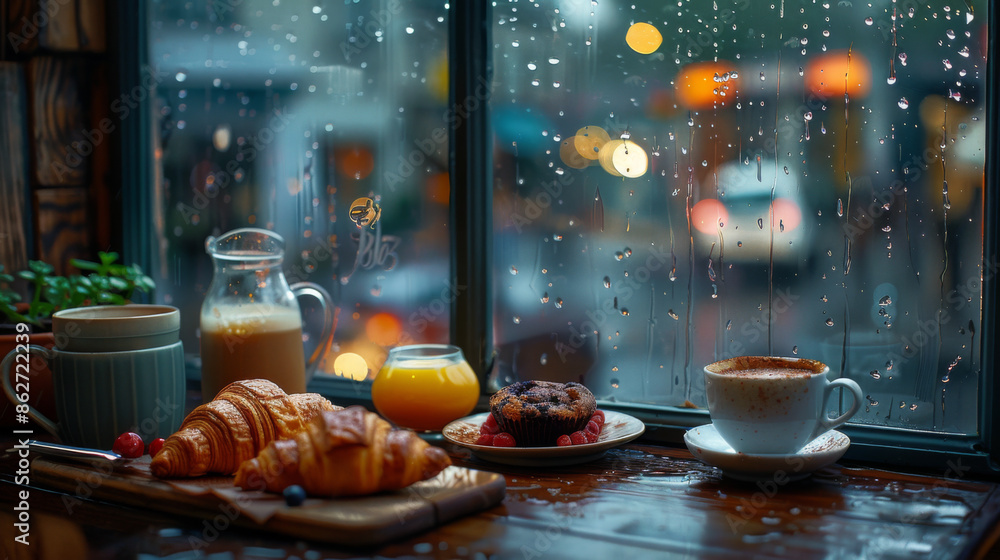 Obraz premium A cozy cafe setting with breakfast pastries and coffee by a rainy window, capturing a peaceful morning ambiance.