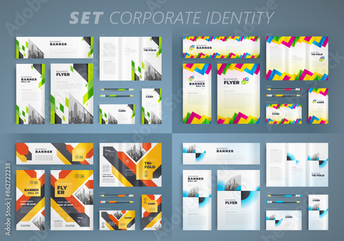 Set Corporate Identity template cover flyer, tri-fold, banner, roll up banner, business card