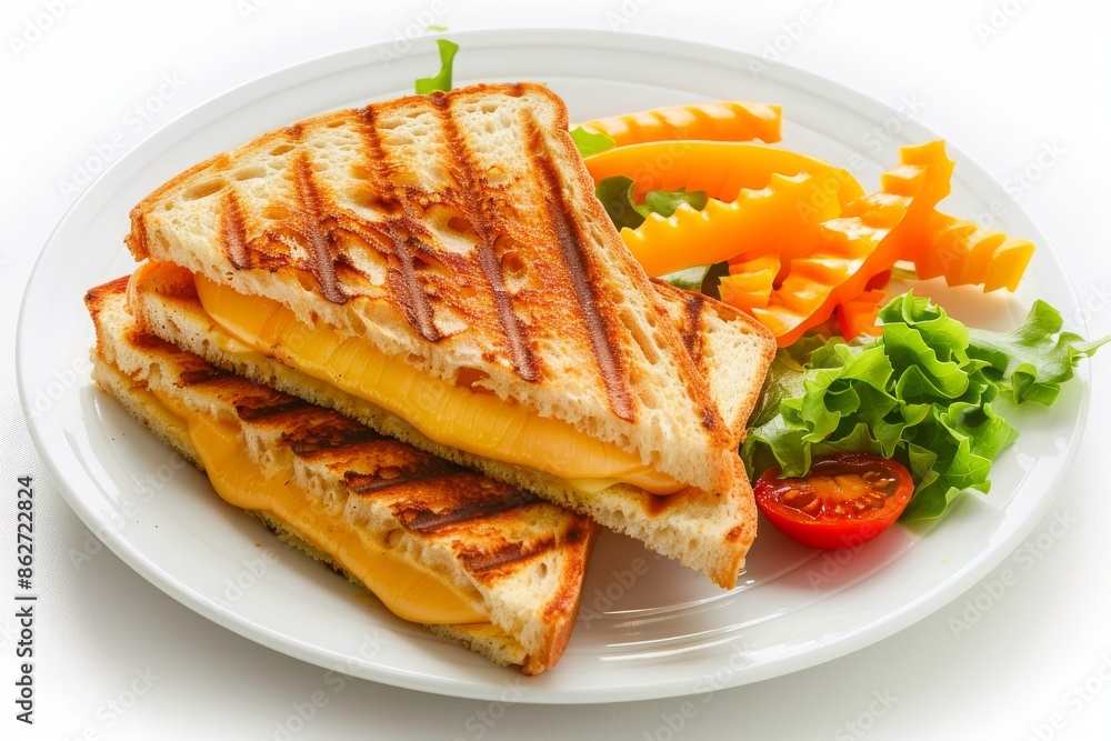 A plate of Grilled Cheese Sandwich with veggies Isolated on a white background A plate of Grilled Cheese Sandwich with veggies Isolated on a white background