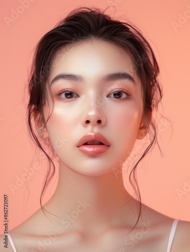 A woman with a pink background and a pinkish face. She has a pinkish lipstick and her hair is in a bun