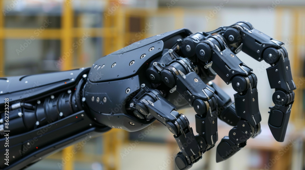 A close-up view of a black robotic hand in a workshop, showcasing advanced technology and engineering in robotics. A close-up view of a black robotic hand in a workshop, showcasing advanced technology and engineering in robotics.