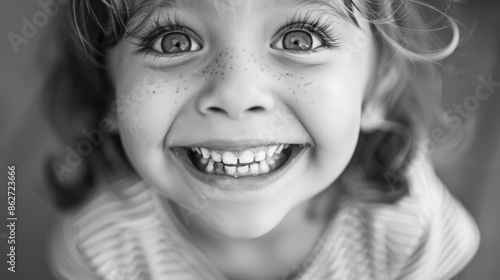 A young girl with a smile on her face. She has a few missing teeth. The image is in black and white