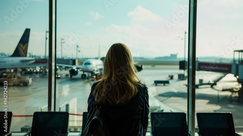 Woman watching planes, reflecting on journey ahead. © Alex