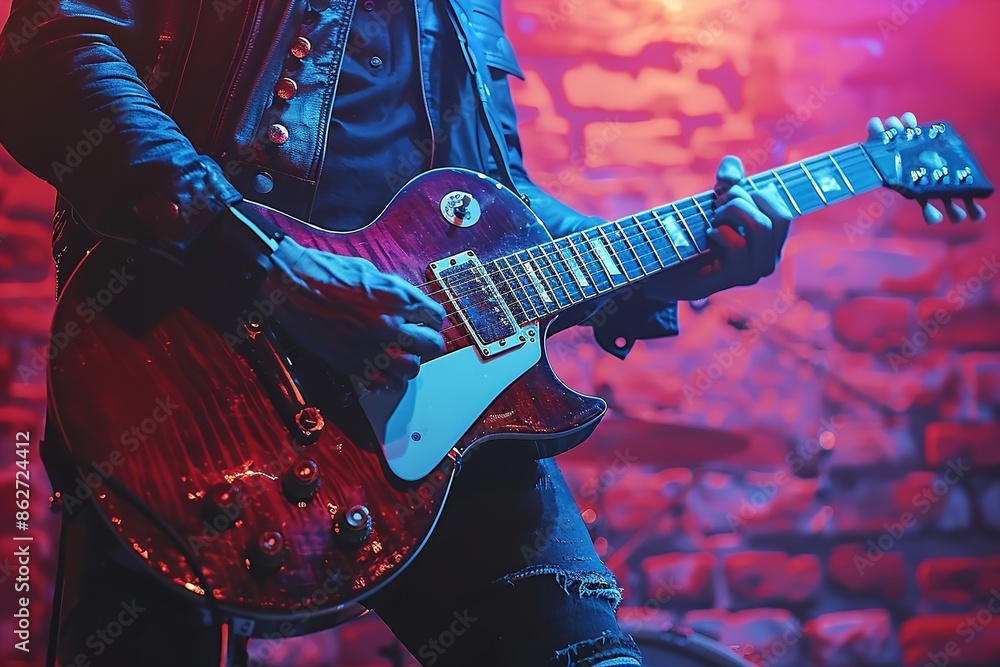 Naklejka premium A musician plays an electric guitar on stage with red and blue lighting