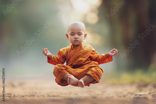 Photo of a baby monk levitating in park