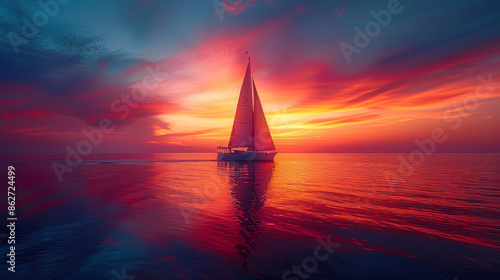 Sailboat gliding through tranquil waters during a vibrant sunset.