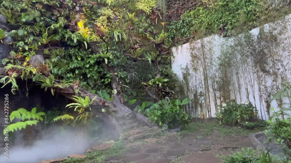 Video of a beautiful view of a garden in the afternoon with a fountain , stairs , and artificial smoke effects Video of a beautiful view of a garden in the afternoon with a fountain , stairs , and artificial smoke effects