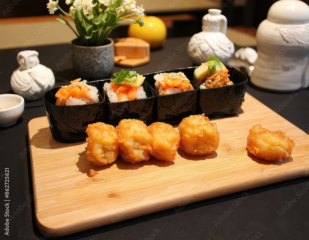 Sushi and Tempura Platter with Dipping Sauces Sushi and Tempura Platter with Dipping Sauces