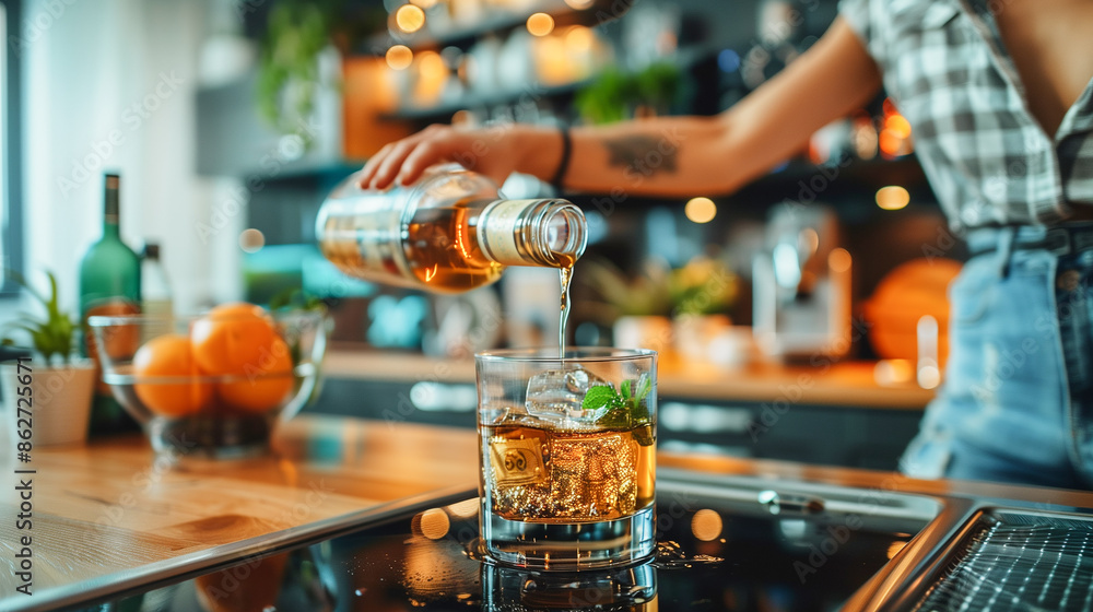 Obraz premium A person pours amber liquor into a glass filled with ice and a sprig of mint. The glass sits on a countertop in a modern kitchen