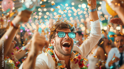 A man in sunglasses smiles broadly, his arms raised, as he celebrates amidst a flurry of confetti and partygoers at a nighttime event