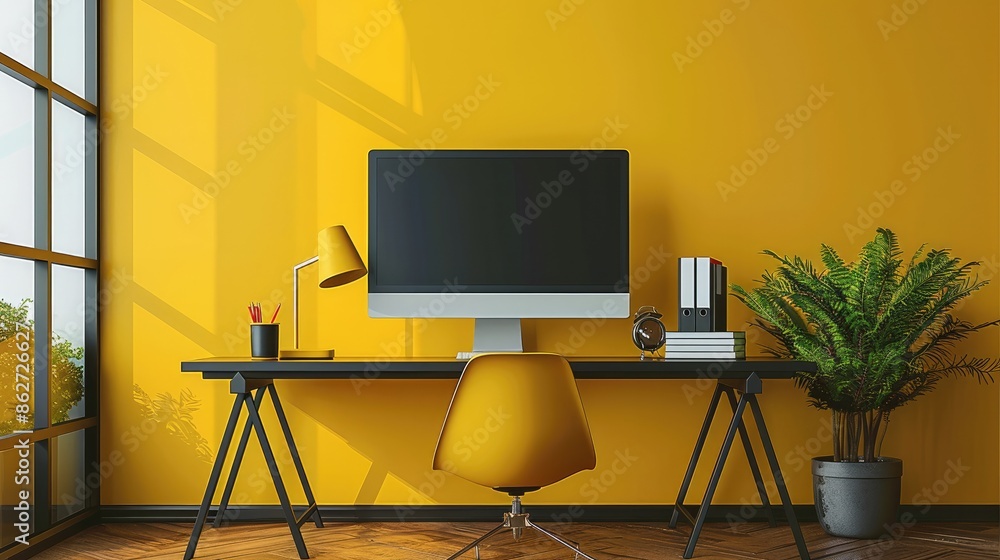 custom made wallpaper toronto digitalOnline education concept, blank space on screen monitor, book and pencil on table, student desk and chair, black, white, wall yellow colors, minimalism. Generative AI.