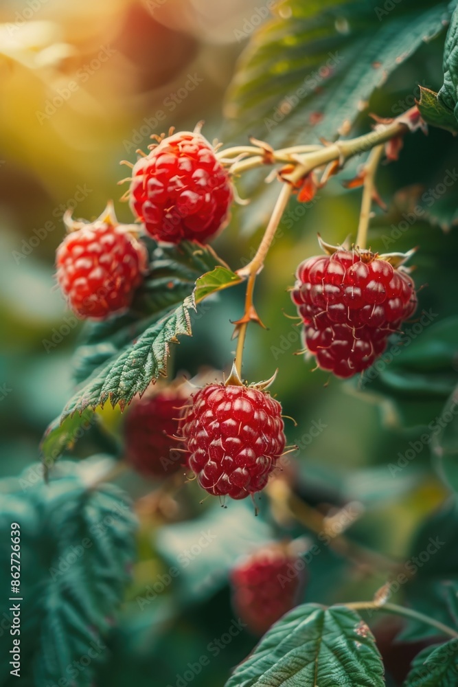 A bunch of red raspberries hanging from a tree. The raspberries are ripe and ready to be picked A bunch of red raspberries hanging from a tree. The raspberries are ripe and ready to be picked
