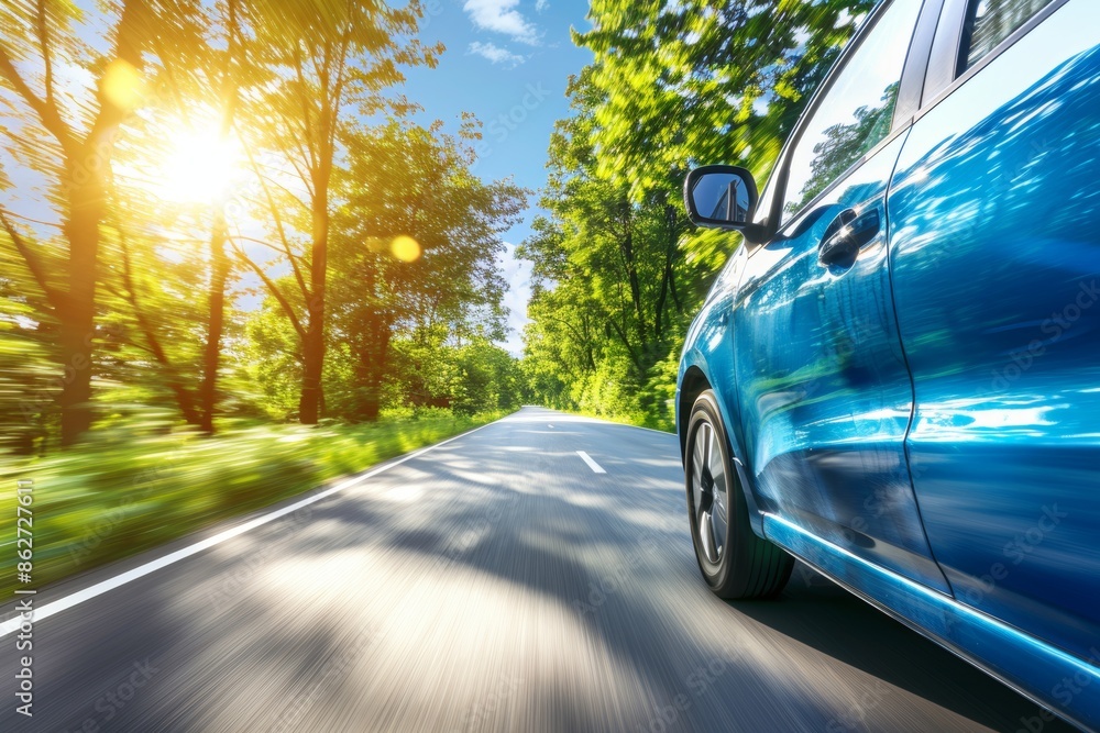 Sunny road trip in a blue car on a forest highway Sunny road trip in a blue car on a forest highway