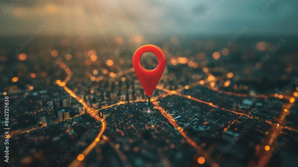 Red map pin in cityscape and network connection, indicating the city destination on the map and connection concept. Generative AI Red map pin in cityscape and network connection, indicating the city destination on the map and connection concept. Generative AI