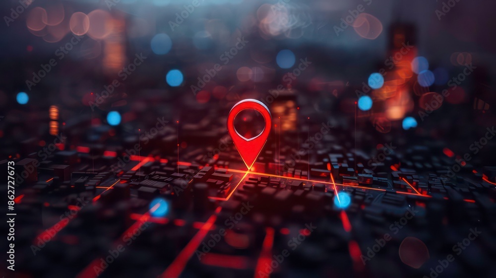 Red map pin in cityscape and network connection, indicating the city destination on the map and connection concept. Generative AI Red map pin in cityscape and network connection, indicating the city destination on the map and connection concept. Generative AI
