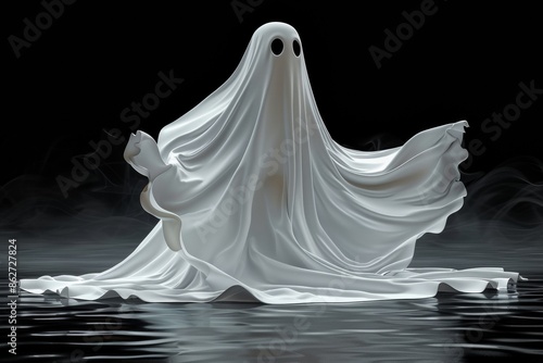 This adorable vector 3D illustration mockup and rendering features a lovable ghost, wearing a white sheet and exuding joy with its happy expression.