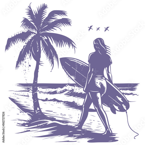 Woman with surfboard walking on the beach, vector
