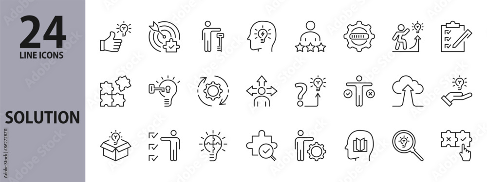 © Alex - Solution line icons set with Goal, Puzzle, Lamp, Gear, Idea, Issue, Progress, Realization, Answer, Choice, Resolve, Think, Seek, Development, Find, Problem, Information and more. Editable Stroke © Alex - Solution line icons set with Goal, Puzzle, Lamp, Gear, Idea, Issue, Progress, Realization, Answer, Choice, Resolve, Think, Seek, Development, Find, Problem, Information and more. Editable Stroke