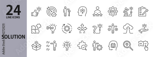 Solution line icons set with Goal, Puzzle, Lamp, Gear, Idea, Issue, Progress, Realization, Answer, Choice, Resolve, Think, Seek, Development, Find, Problem, Information and more. Editable Stroke