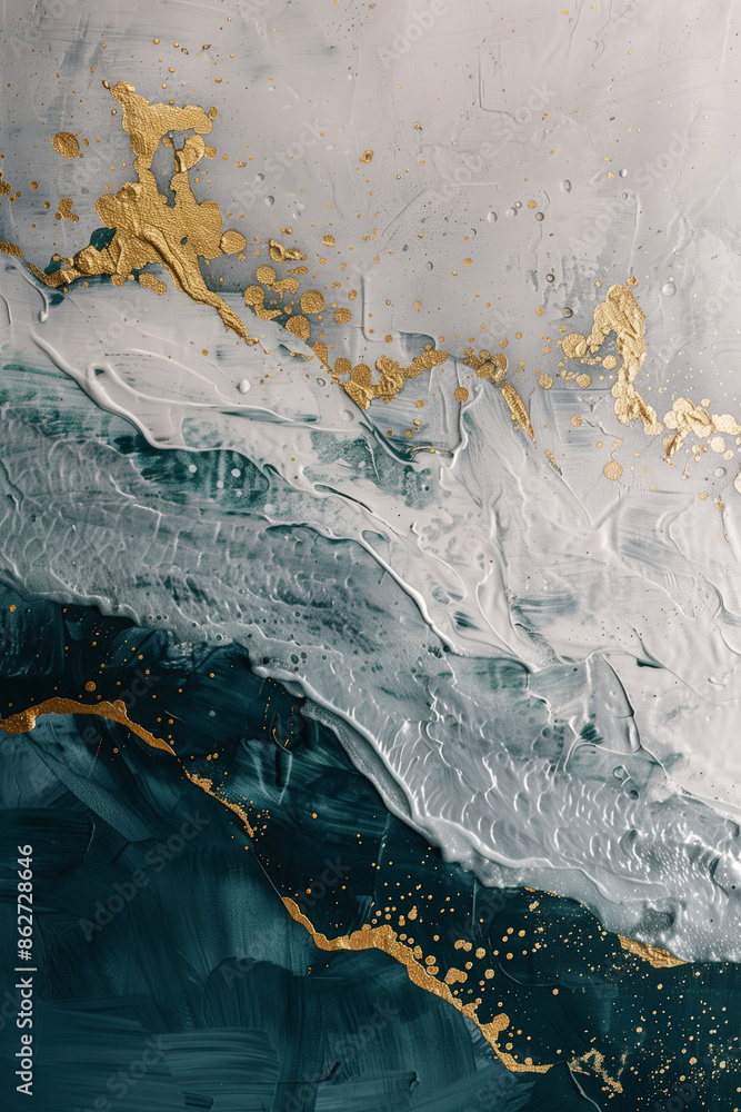 Naklejka premium Canvas poster: abstract stains of gray-gold and blue paint in the style of wallpaper