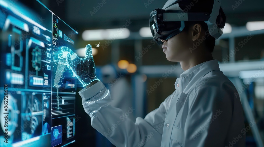 smart industry 4.0 futuristic technology concept, engineer use artificial intelligence combine augmented mixed virtual reality display, digital twin with 5g to control robot arm in smart factory smart industry 4.0 futuristic technology concept, engineer use artificial intelligence combine augmented mixed virtual reality display, digital twin with 5g to control robot arm in smart factory