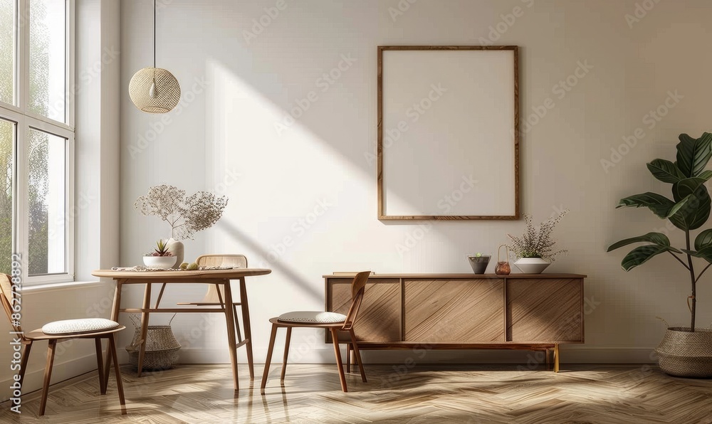 Fototapeta premium Cozy dining room with a blank frame on the buffet