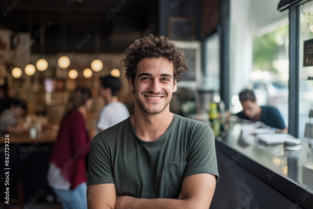 Man smiling at the counter working adult smile. Man smiling at the counter working adult smile.