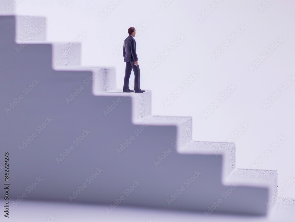 A man is walking up a set of stairs. The stairs are white and the man is wearing a suit. Concept of determination and focus as the man climbs the steps A man is walking up a set of stairs. The stairs are white and the man is wearing a suit. Concept of determination and focus as the man climbs the steps