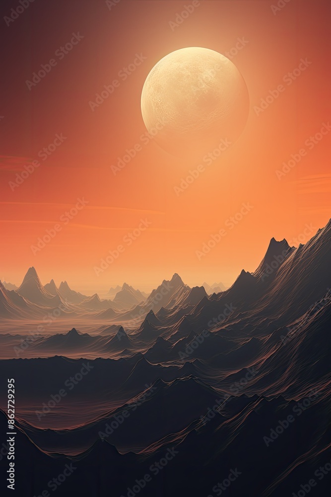 Moon Rising over Mountain Range at Dusk. Beauty of Nature with Midnight Red and Orange Sky Glowing, Landscape Background Moon Rising over Mountain Range at Dusk. Beauty of Nature with Midnight Red and Orange Sky Glowing, Landscape Background
