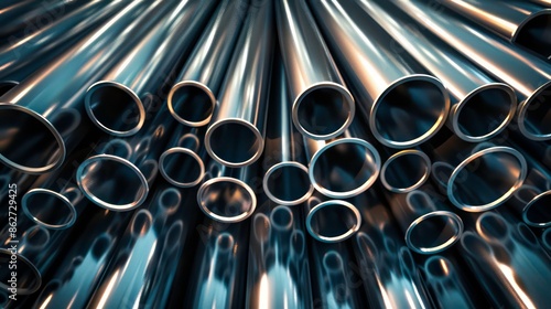 Stack of stainless steel pipes background , metallurgical industry backdrop concept image. Generative AI