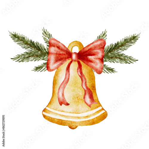 Xmas watercolor Christmas gold bell with red bow and fir twigs cut out from white background
