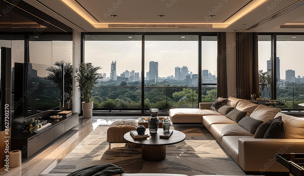Fototapeta premium Large living Room, multi seater sofa with black table and a rug, large TV Unit, Full windows with outside view of green landscape. Generative AI.