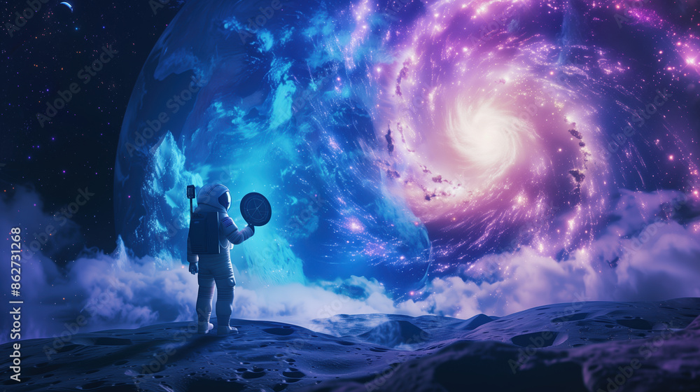 An astronaut holds a compass-like device on a moon bathed in a magical blue and purple light. It doesn't point north, but towards a distant star system. An astronaut holds a compass-like device on a moon bathed in a magical blue and purple light. It doesn't point north, but towards a distant star system.