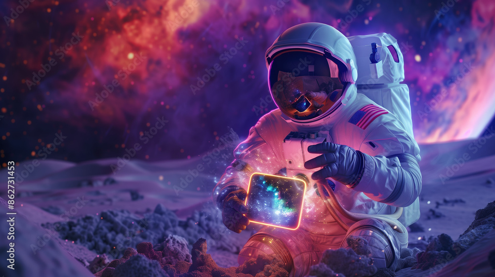 An astronaut with no flag on spacesuit, bathed in the magical light of a nebula, inserts a mysterious artifact into a glowing portal device An astronaut with no flag on spacesuit, bathed in the magical light of a nebula, inserts a mysterious artifact into a glowing portal device