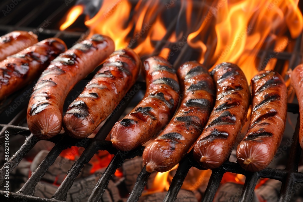 Sizzling barbecue sausages on flaming grill Sizzling barbecue sausages on flaming grill
