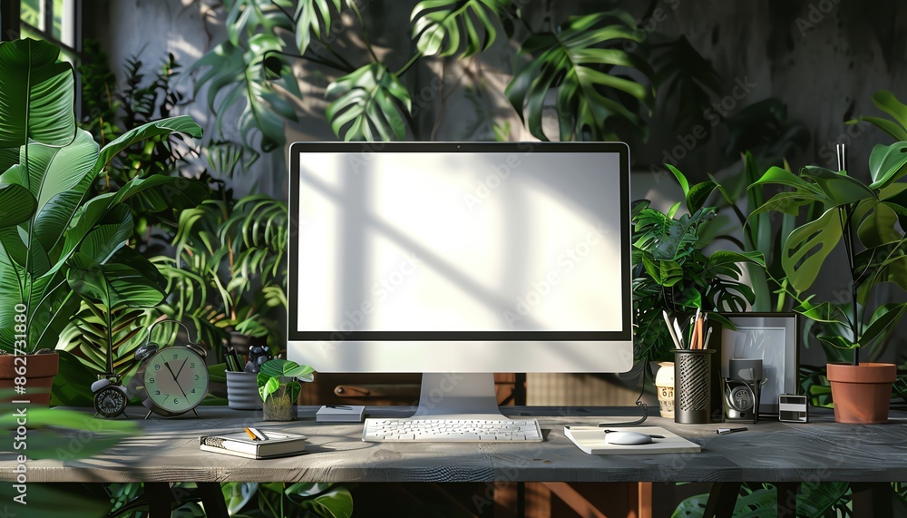 A cozy workspace featuring a desktop computer with a blank screen, surrounded by lush indoor plants and office supplies A cozy workspace featuring a desktop computer with a blank screen, surrounded by lush indoor plants and office supplies