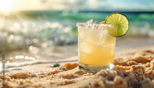 A chilled margarita cocktail with a slice of lime sits on the sandy shore of a sunlit beach