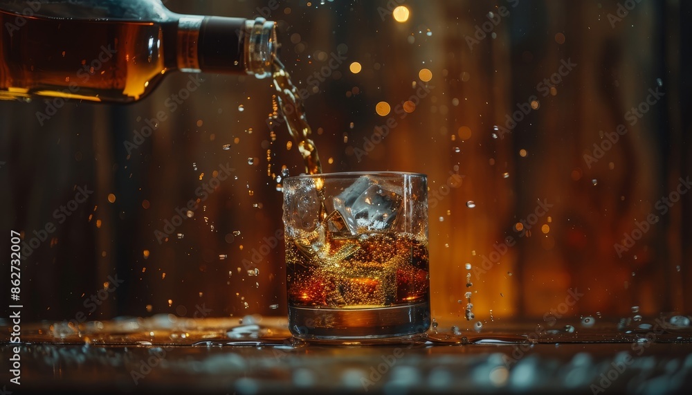 Artistic Shot of Whiskey Pouring into Glass with Ice Cubes in Dim Lighting Artistic Shot of Whiskey Pouring into Glass with Ice Cubes in Dim Lighting