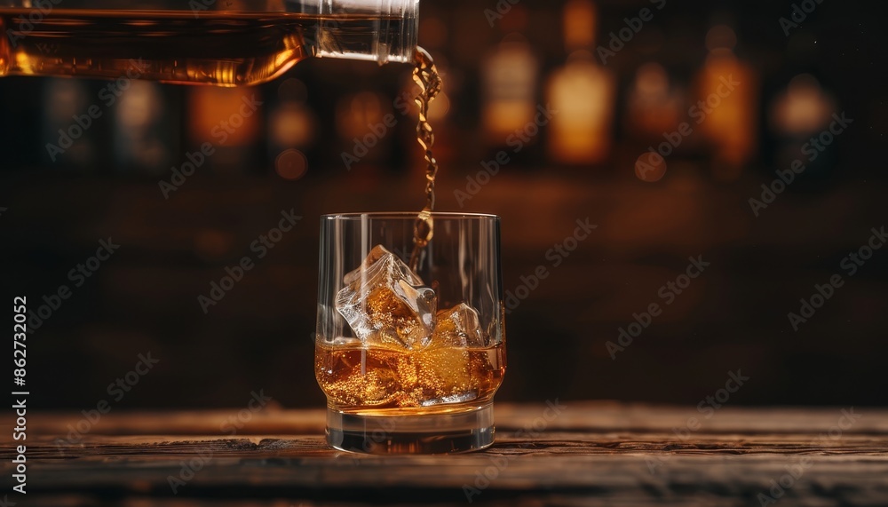 Artistic Shot of Whiskey Pouring into Glass with Ice Cubes in Dim Lighting Artistic Shot of Whiskey Pouring into Glass with Ice Cubes in Dim Lighting