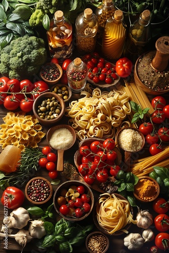A panoramic display of assorted Italian cuisine ingredients including pasta, tomatoes, herbs, and spices, representing the rich diversity in Italian cooking
