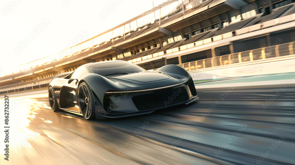 Obraz premium Sleek Black Sports Car on Race Track. A sleek black sports car speeding on a race track, highlighting performance, speed, and advanced automotive design in a dynamic setting.