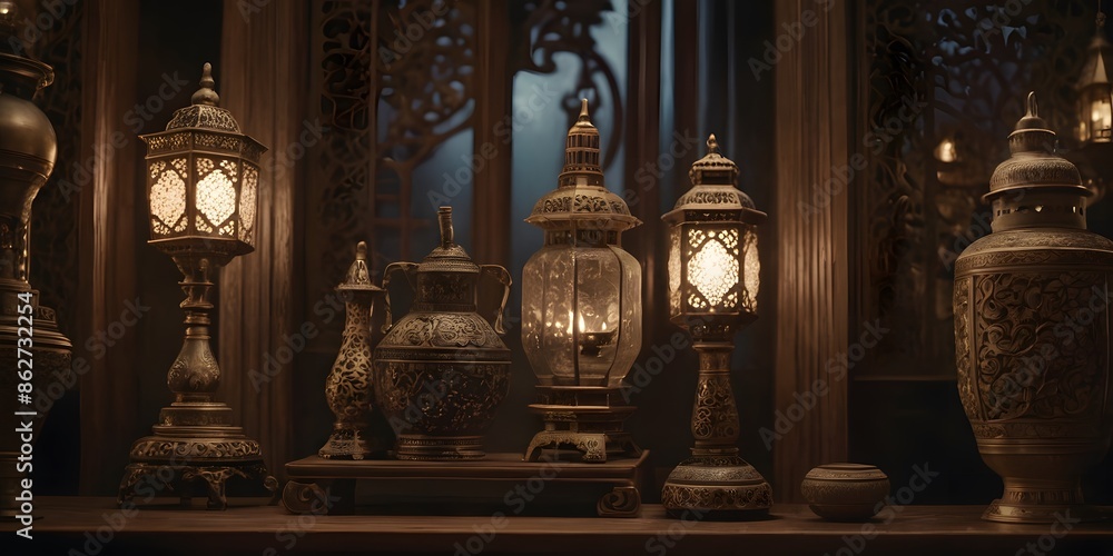 A mix of cultural decorations displayed on a platform, featuring ornate lanterns, vases, and intricate artifacts, with a smoky background and elegant lighting. A mix of cultural decorations displayed on a platform, featuring ornate lanterns, vases, and intricate artifacts, with a smoky background and elegant lighting.