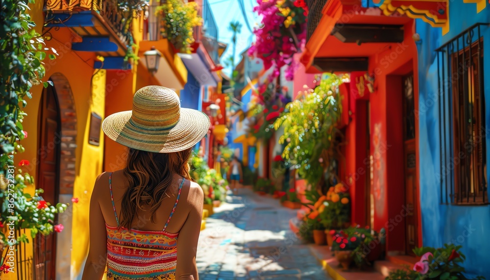 Naklejka premium A woman in a sunhat walking down a colorful, flowerlined street