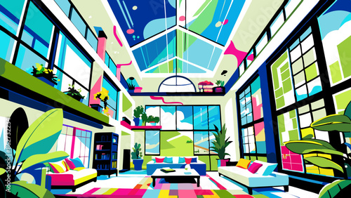 Vibrant, Modern Living Room Interior with Lush Plants and Natural Light