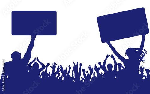People holding banners on background of cheerful crowd people, silhouette. Audience agitation. Vector illustration