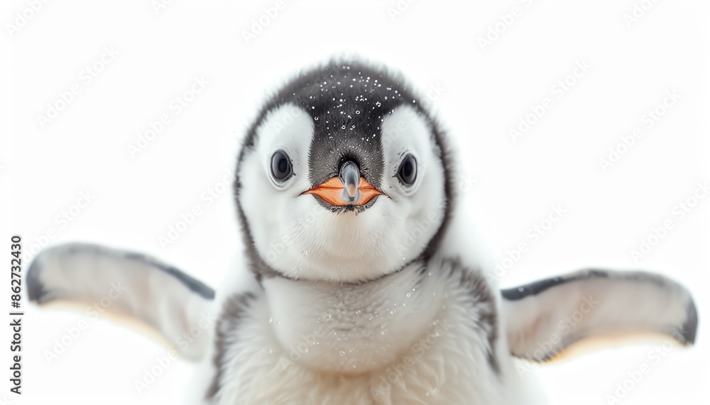 Baby penguin with open wings, white background Baby penguin with open wings, white background
